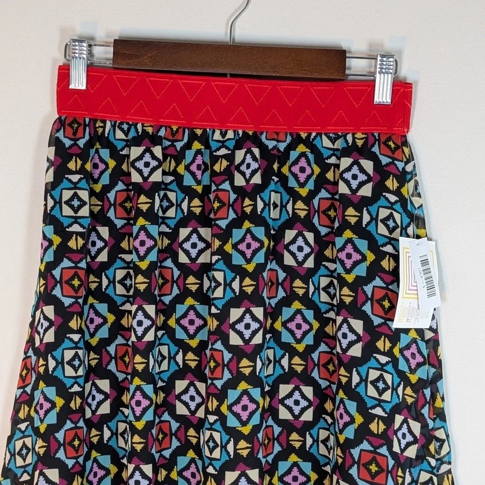 LuLaRoe Lola Skirt Women Small Red Geometric Chiffon Midi A-Line Elastic Waist